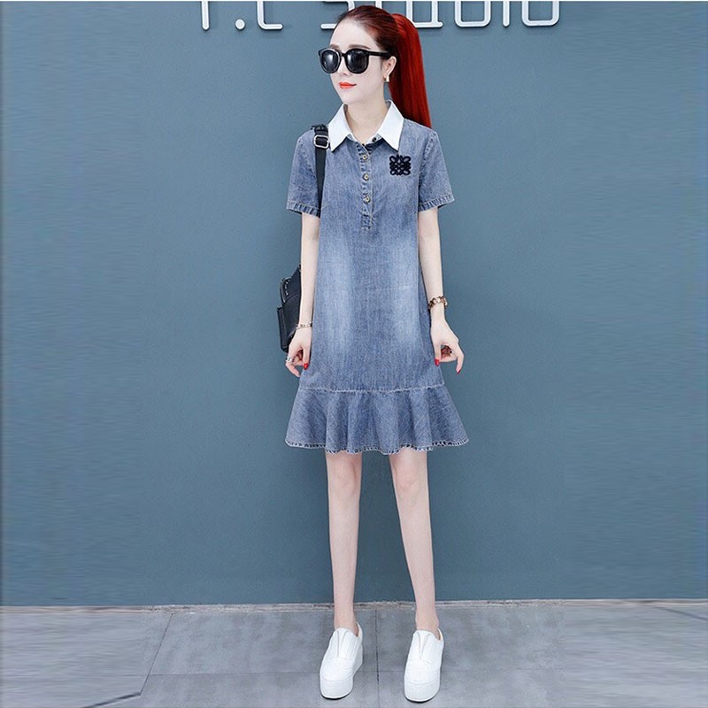 ĐẦM JEAN ĐUÔI CÁ PHỐI CỔ SƠ MI TRẮNG - NJ2887